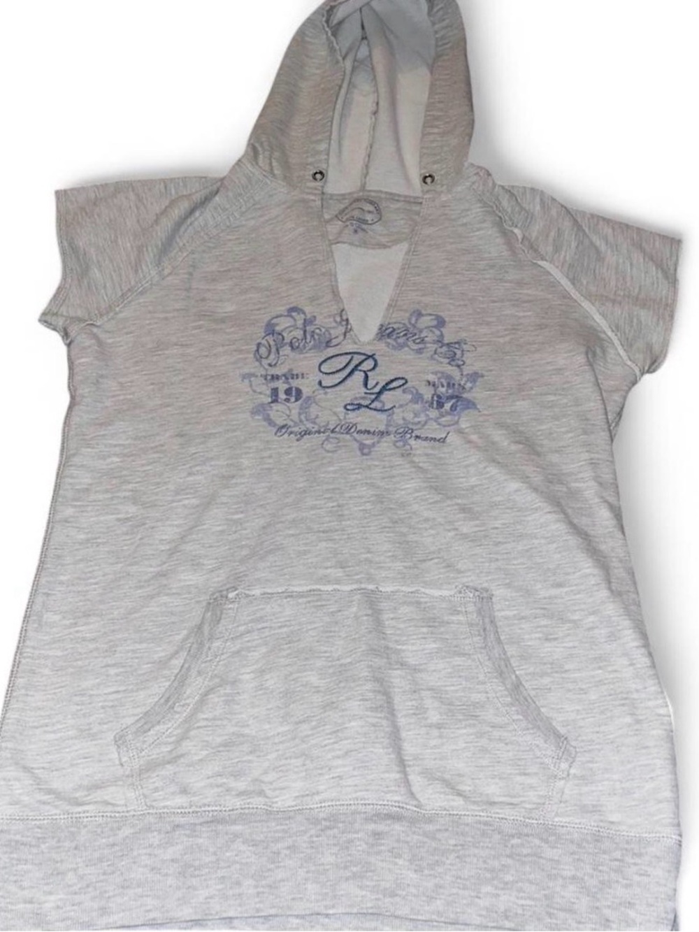 Women’s VTG Ralph Lauren Polo Jeans Co Gray Short Sleeve Hooded Sweatshirt Sz M